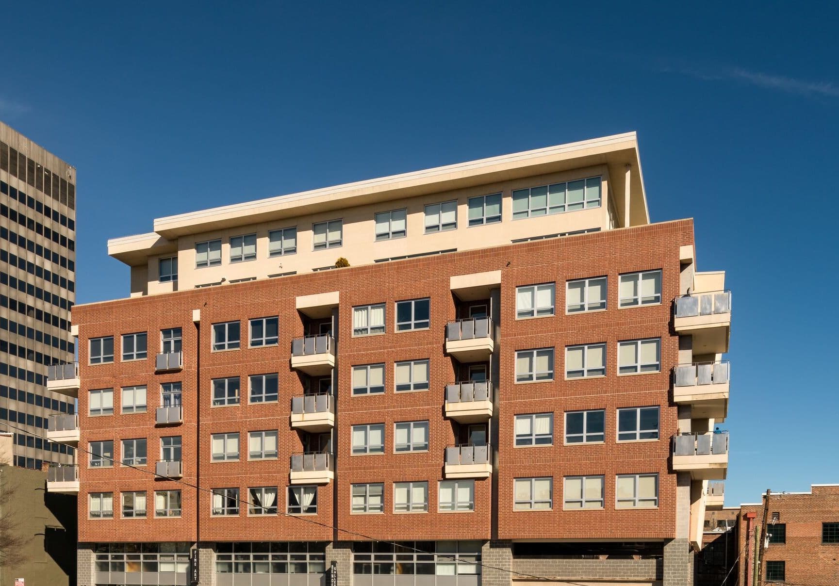 Exterior view of 12 South Lexington Avenue codominiums in downtown Asheville North Carolina. Luxury condomiums, studios and penthouses with a view of downtown Asheville and surrounding mountains.